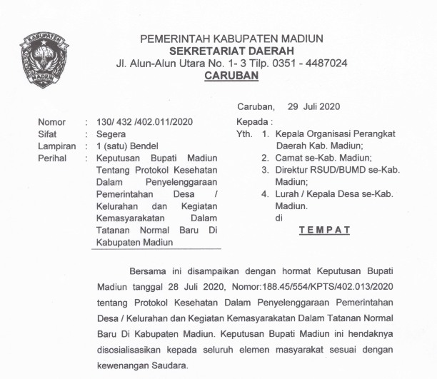 Bupati Madiun Izinkan Kembali Kegiatan Kemasyarakatan dan Pembukaan Wisata di Masa New Normal